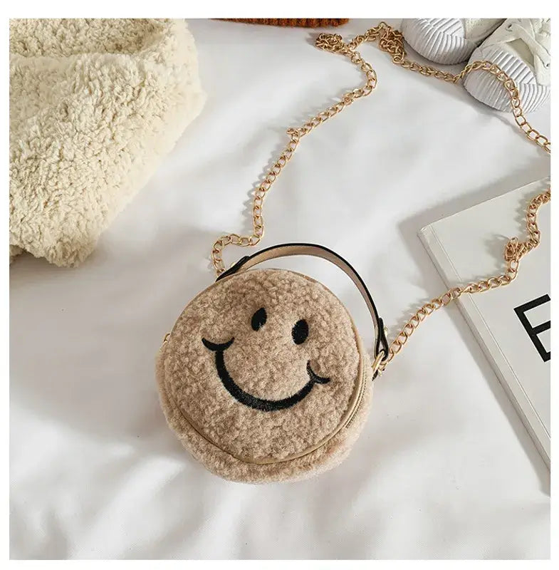 Smiley Face Plush Handbag Purse Beige