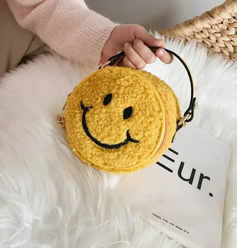 Smiley Face Plush Handbag Purse Yellow