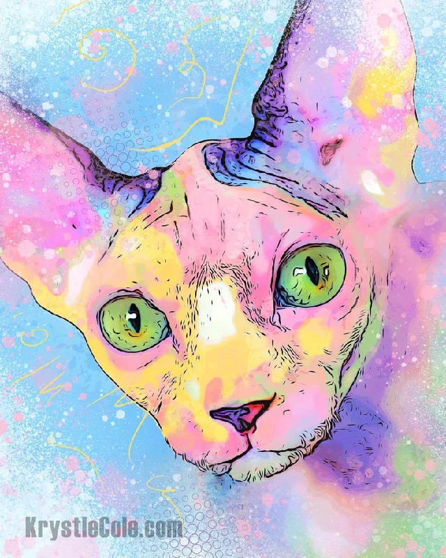 Sphynx Cat Art Print - Blue Rainbow