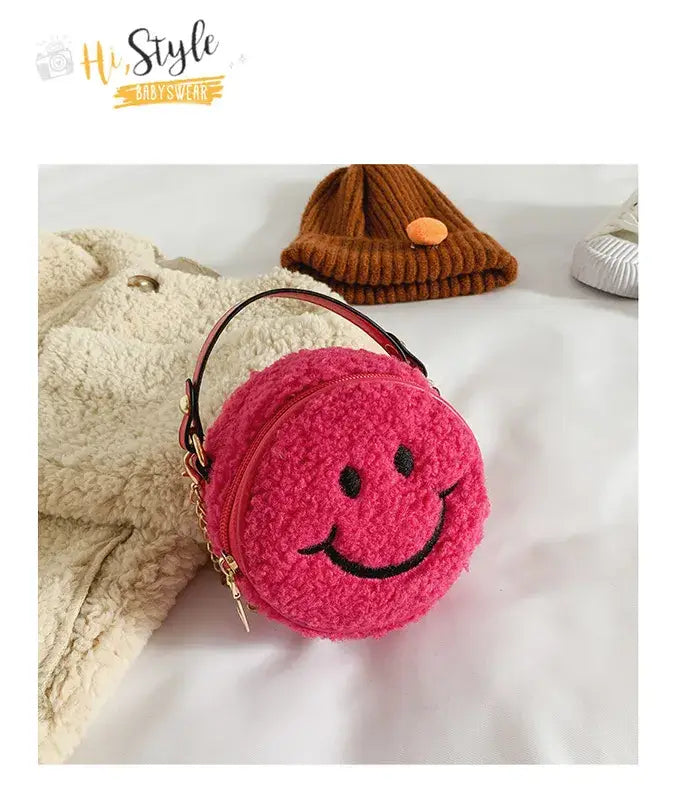 Smiley Face Plush Handbag Purse Pink