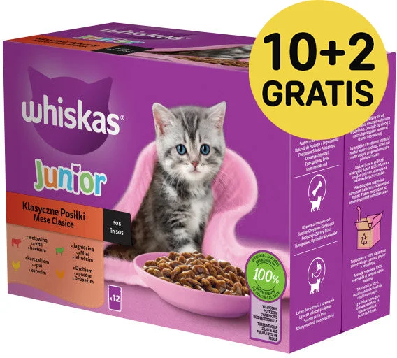 WHISKAS Classic JUNIOR Mix plicuri pisicuţe, Miel/Vită/Pui/Pasăre în sos 12x85g