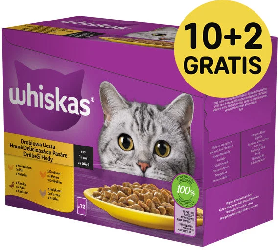 WHISKAS Mix plicuri pisici Adulte, cu Pui/Raţă/Pasăre/Curcan în sos 12x85g